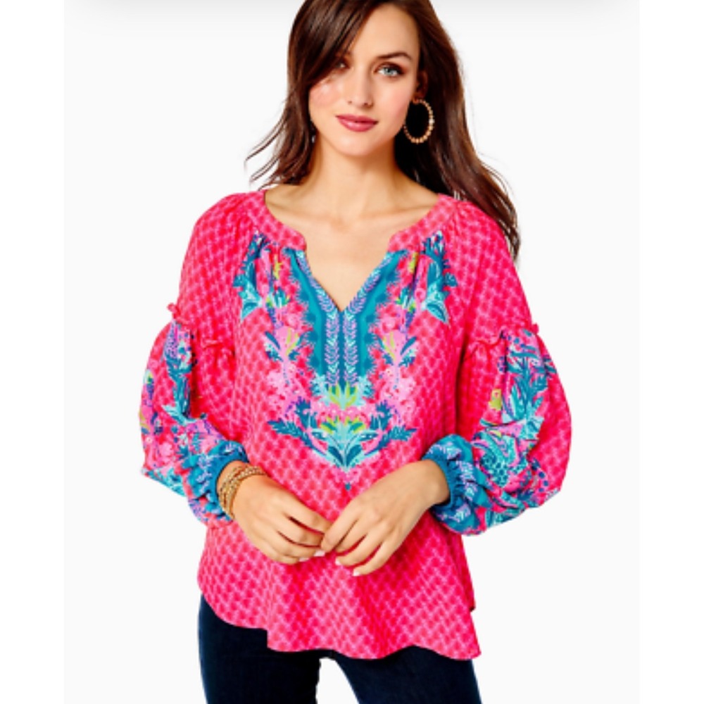 Lilly Pulitzer Zaid Top XS Pink Print Long Sleeve V Neck Blouse‎ Resort Wear